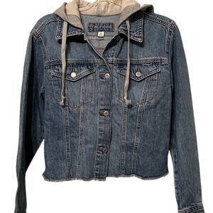 Maurices Womens Hooded Denim Jacket Medium Wash Raw Hem Trucker Blue Grey Small